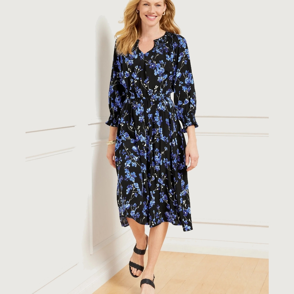 Talbots Smocked Midi Dress Blue Lilac Floral Size 1X Pullover Fall